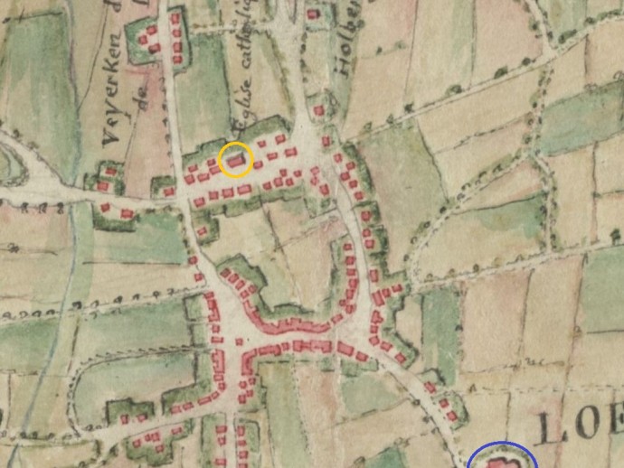 Uitsnede uit de kaart Degault (1786) met de katholieke schuurkerk op de Adelberg (gele cirkel) en de protestantse Sint-Pietersbandenkerk (blauwe cirkel).